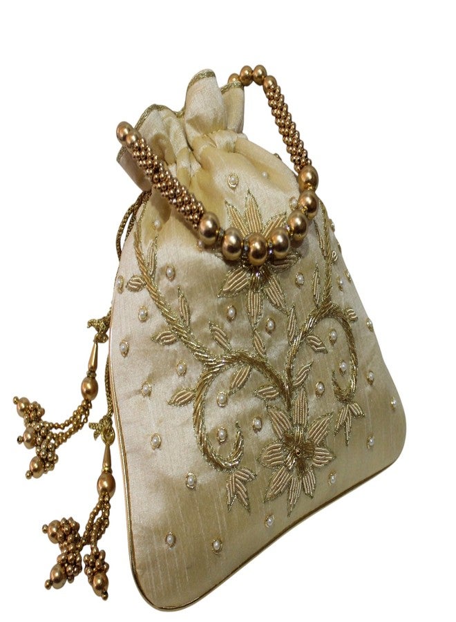 MILAN'S CREATION Golden Zardozi Work potli bags for Women Hand Embroidery Drawstring Potli Women's Handbag Purse With Pearl Handle & Tassel Purse (Gold) - Image 5